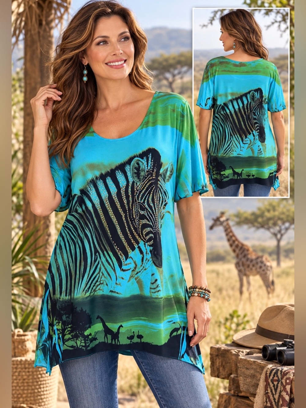 JOSTAR Zebra turquoise print tunic top
